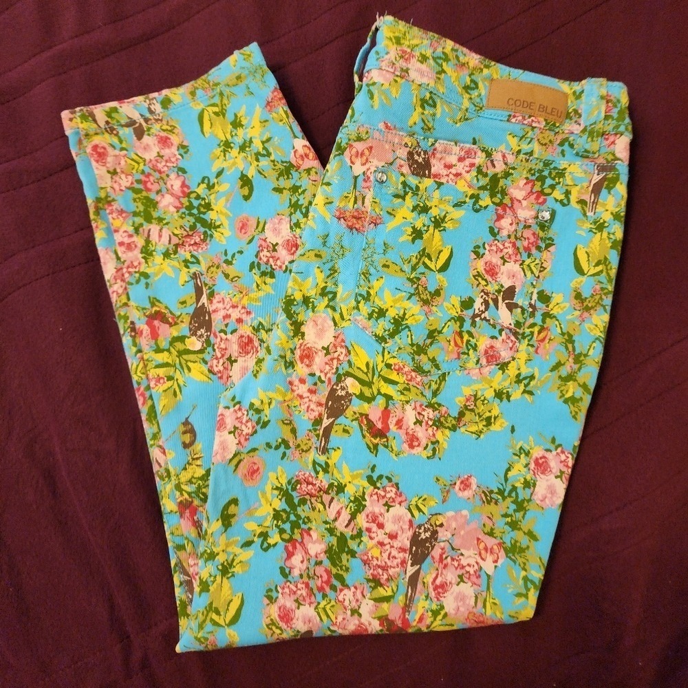 Code Bleu Floral Bird Print Straight Leg Pants Blue Pink Size 8/28 Rhinestone